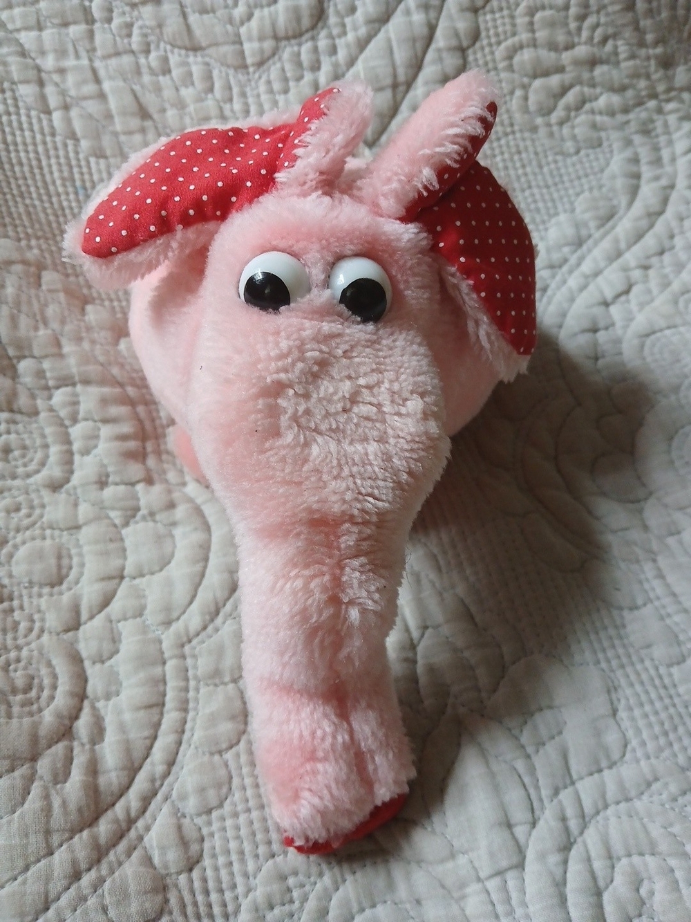 Vintage 1982 Commonwealth Pink Elephant Plush Squeaks Googly Eyes Red Polka Dot